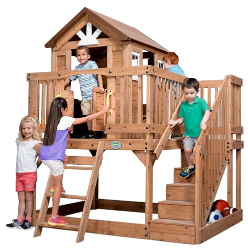 Backyard Discovery Scenic Heights Elevated Cedar Wooden Kids Playhouse with Play Kitchen, Wrap-Around Deck, Toy Storage Bench, Saloon-Style Doors, Ladder, Stairs, and Growth Chart for Outdoor Play