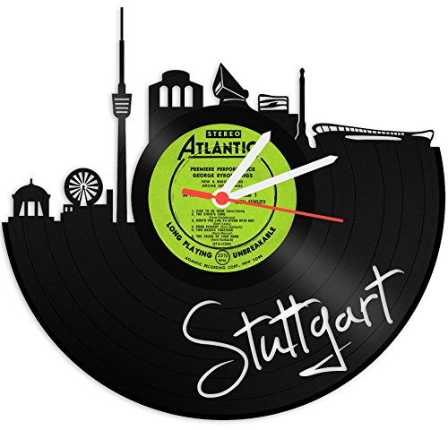 GRAVURZEILE Schallplattenuhr - Skyline Stuttgart - Wanduhr aus gegossenem Vinyl mit Stadt Skyline 30 cm - Upcycling Design-Uhr Wand-Deko Vintage Wand-Dekoration Retro-Uhr - Made in Germany