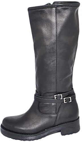 Stivali Donna Neri in Vera Pelle di Nappa con Zip Aderenti con Fondo Roccia in Gomma e Fibbie Fatte a Mano in Italia (37 EU)