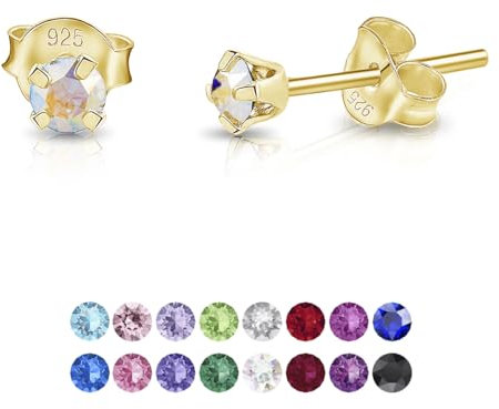 Pendientes de Botón Plata Ley 925 Chapados Oro 24K on Cristales Brillantes Aurora Boreal 3 mm - Pendientes Pequeños Oro para Mujer - Punto de Luz Hipoalergénicos