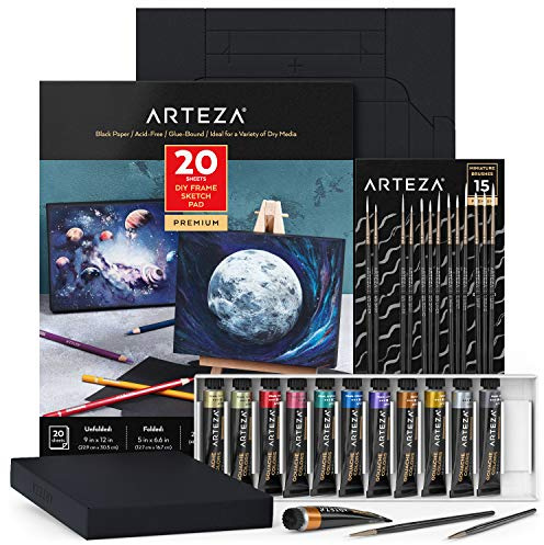 Arteza Juego de pintura gouache, 12 pinturas metálicas de gouache y paquete de lienzos plegables de papel negro, material de arte para niños, kit de arte para adultos