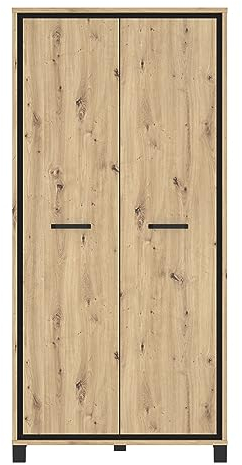 FORTE TRONDHEIM Schrank 100 210, Kleiderschrank klein Industrial, Drehtürenschrank, 2-türig mit Einlegeböden und Kleiderstange, Artisan Eiche / Schwarz Eiche, 99 cm breit x 209 cm hoch x 60 cm tief