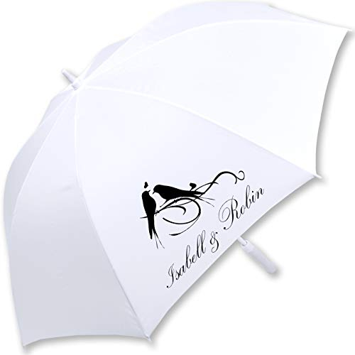 iX-brella XXL Hochzeits-Stockschirm Automatik - All In White - Vögel personalisiert mit Namen