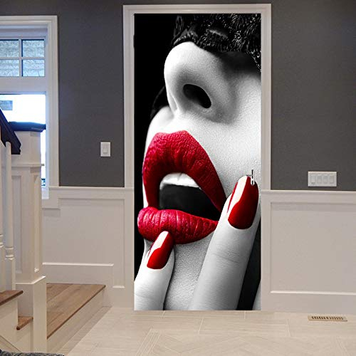 A.Monamour Türtapete Selbstklebend Türfolie Türposter 3D Frau Schwarzer Spitze Über Den Augen Rote Nägel Sexy Lippen Offener Mund Vinyl Folie Türdeko Tapete Wandbild Türaufkleber Türtattoo 83 x 204 cm