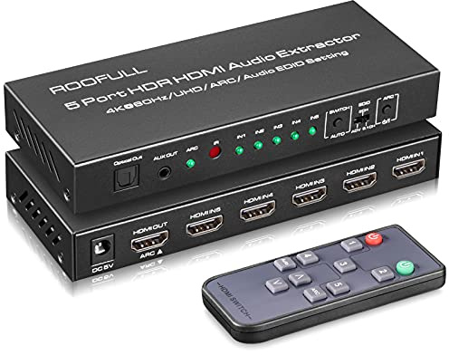 ROOFULL Premium 5-portars 4K HDMI-omkopplare med optisk och 3,5 mm AUX-ljudutgång, 5-i-1 ut 4K @60Hz HDMI 2.0 ljudextraktor med fjärrkontroll, stöder ARC, HDR 10, HDCP 2.2, 18 Gbps, Dolby Vision/Atmos