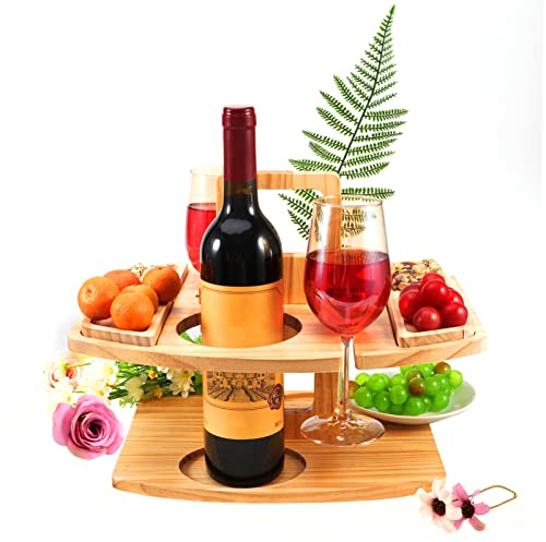 Table de Pique-Nique d'extérieur - Large Plateau Pliable en Bois - Plateau à goûter et à Cheese - avec poignée - Support réglable pour Verre à vin pour Concerts au Parc, à la Plage, au Camping.