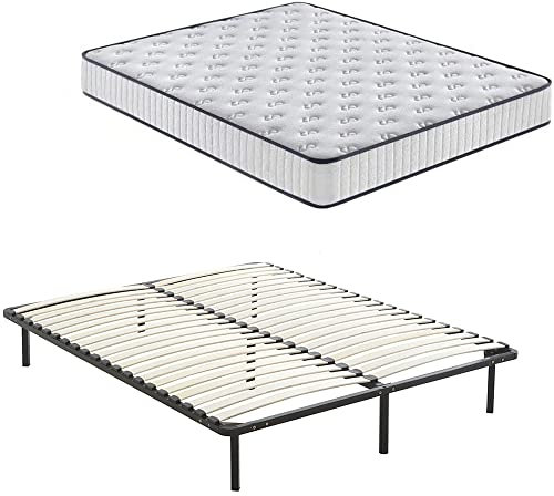 DEWINNER Ensemble Composè:Matelas en Mousse 22 cm et Mousse A Mémoire Matelas +Sommier à Lattes sur Pieds-4 Pieds Inclus(140 x 190 cm)