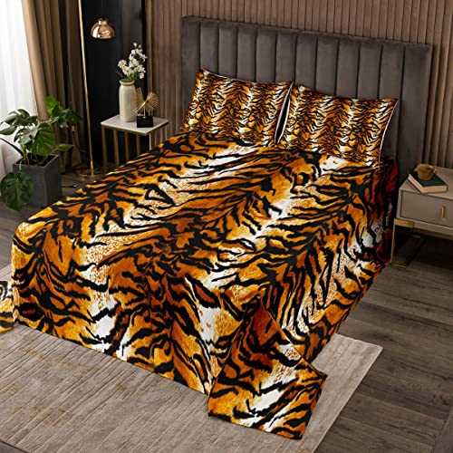 Loussiesd Tiger Drucken Bettüberwurf Schwarz und Braun Tiger Haut Steppdecke für Jungen Kinder Safari Tierfell Drucken Tagesdeck 240x260cm Afrika Tierwelt Wohndecke Zimmerdekoration 3St