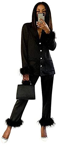 Pigiama in Raso Elegante Piumato da Donna Pigiama Due Pezzi Maniche Lunghe Pantaloni Lunghi Sexy Pigiama in Seta Top con Bottoni e Pantaloni Comodo