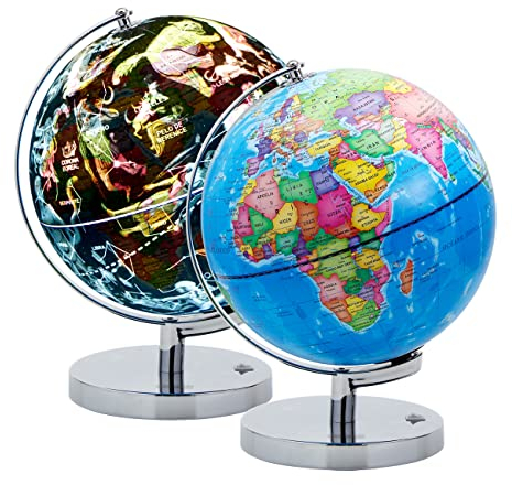 Exerz Globo Terráqueo Iluminado 23cm, Mapa en Español, con Soporte de Metal – Mapa Político y Constelaciones Estelares (Modo Nocturno), Lámpara LED Sin Cable