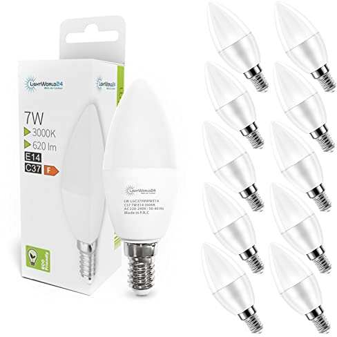 LIGHTWORLD24 7W E14 LED Warmweiss 3000K, E14 LED Lampen Glühbirne Kerze, 620 Lumen Birnen in Kerzenform, Ersetzt 50 Watt 10er SET