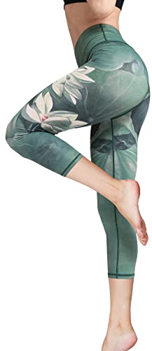 FLYILY Sporthose Damen Capri Yogahosen für Damen Elastische Tummy Control Yogahose Training Tights Yoga Hosen 3/4 Sporthose Laufhose(Green,S)