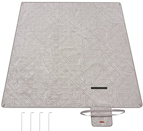 SONGMICS Picknickdecke, 300 x 200 cm, mit 4 Erdankern, groß, Campingdecke, für Park, Garten, Strand, wasserdicht, maschinenwaschbar, faltbar, Khaki mit tropischem Farn GCM010B03