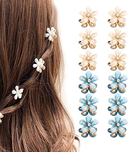 IUDWCG 12 Stück Mini Diamant Haarspangen,Kleine Haarspangen Blumen-Haarspangen Haarschmuck für Damen, Mädchen,süße Mini-Haarspangen,Haarspangen für Foto, Alltag, Party, Hochzeit (Weiß & Bule)