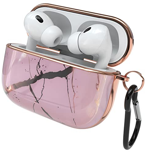 EAZY CASE - Schutzhülle für AirPods Pro 2 Hülle Rosa Hard Case Stoßfest mit Karabiner geeignet als Schlüsselanhänger Antikratz Etui rutschfest Hardcase für Airpod Pro 2. Generation in Rosegold Marmor