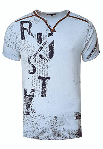 V-Neck Herren T-Shirt Vinatage Used-Look mit Plakativem Front und Back Print Kurzarm-Shirt Wildleder-Details mit Nieten-Verlauf 289, Farbe:Blau, Größe S-3XL:L