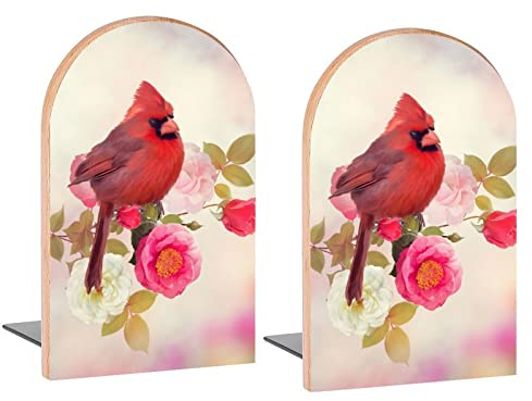 Roter Vogel in Rose, Vintage-Buchstützen aus Holz, dekorative Buchstützen für Regale, Kinderzimmer, Schreibtisch, Zuhause, Büro, Bücher, DVDs, 1 Paar/2 Stück (12,7 x 7,9 cm)