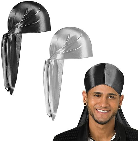 Aomig Piraten Bandana Herren, 2 Stücke Piratenhut Schwarz Silber, Baotou Long Tail Pirat Kapitän Kopftuch, Kopfbedeckung für Halloween Karneval Kindergeburtstag Party Deko