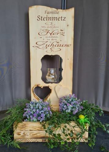Designbysh Holzaufsteller, Holz Deko Schild Holzschild Eingangsschild mit Leuchtglas oder Solarlampe, wo sich Dein Herz wohlfühlt ist Dein Zuhause