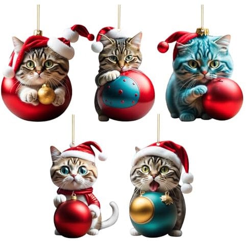 Vordpe 5 ciondoli per albero di Natale e gatti, in acrilico, decorazione per gatti, 2D, divertenti decorazioni natalizie, idea regalo (B)