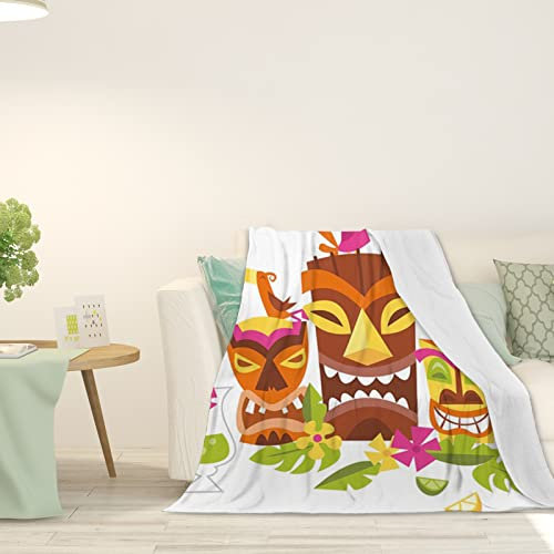 FJAUOQ Hawaiianischer Druck, verdickte Flanelldecke, 3 Grimassen Tiki-Party und Happy Birdst, weiche Kunstfelldecke für Erwachsene, dekorativ für Schlafsofa, braun-gelb, 152,4 x 127 cm