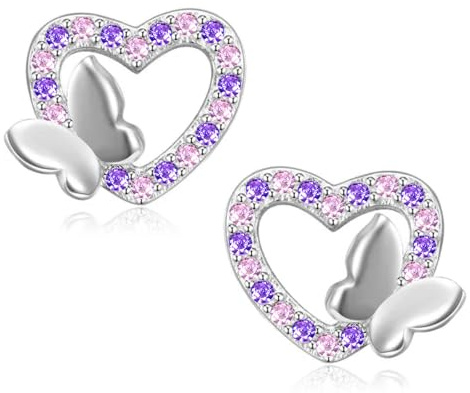 Mädchen Kinder Ohrringe 925 Sterling Silber Ohrstecker Schmetterling Herz rosa lila