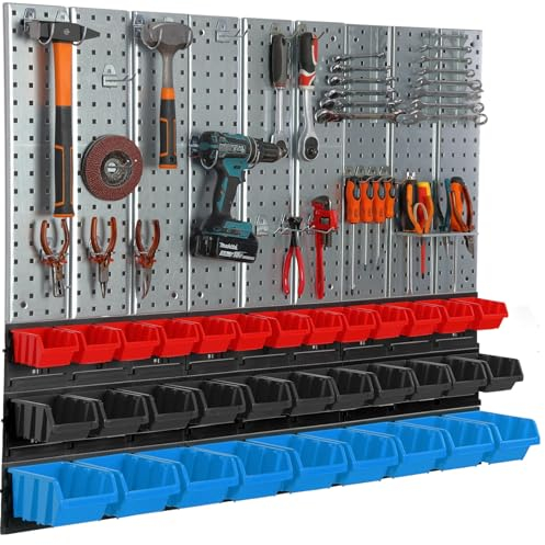 Werkzeugwand Metall 116x99cm Lagersystem mit Werkzeughaltern 33 Boxen Werkzeughaken Lochbrett Werkstatt Garage Steckbrett Elektrowerkzeuge Lochwand Starke Steckregal Hängeregal Wandhalterung montagefe