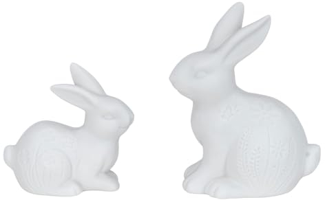2er Set LED Hasen Porzellan Weiß Blumenwiese Tischdeko Dekoleuchte Osterhase Deko Ostern Frühling