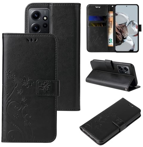 LBH Handy Hülle für Xiaomi Redmi Note 12 Case Handytasche Schmetterling Blumen Flower Standfunktion Schutzhülle Magnet Rundum Schutz 360 Grad Flipcase Cover Schwarz