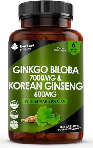 Ginkgo Biloba and Korean Ginseng Tablets - 7000mg Ginkgo Biloba Herbal Supplements & 600mg Panax Ginseng High Strength Ginseng Extract - Enriched with Vitamin B3 & B5-360 Vegan Tablets