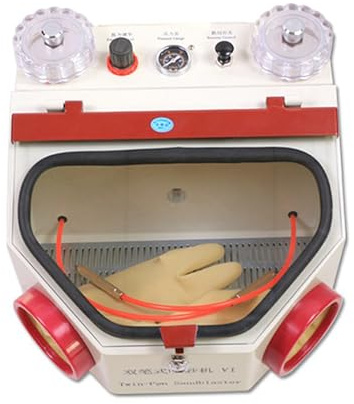 View Window Sandblaster Unit, Double-Pen Fine Sand Blasting Machine with LED Light and Pressure Gauge, 4KG Intake Pressure and Sand Particle Size 100~180, Dual Filter, for Jewelry