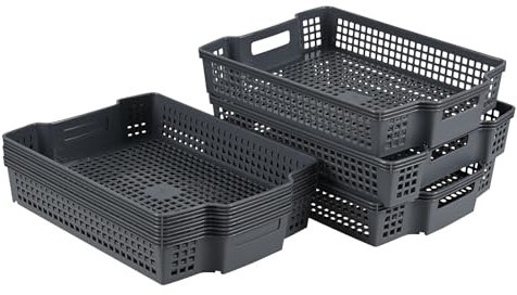 Leendines 6 Pack Plastic Stackable Shallow Basket, Peper Storage Trays, Grey