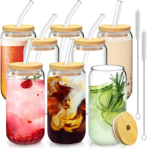 YFKJEU 8er Set Trinkbecher Mit Deckel und Strohhalm Glas, 350ml Cocktail Gläser Trinkgläser, Bubble Tea Becher Glas mit Deckel und Strohhalm, Trinkgläser für Cocktails, Eiskaffee, Limonaden