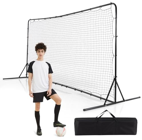 GYMAX Kickback Fußball Rebounder Tor, 372,5 x 182,5 cm, klappbar Kickback Tor, Fußballtor mit verschleißfestem Netz, Tragetasche & 6 Bodenpfählen, Fussballtore für Schule & Strand (Schwarz)