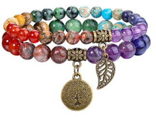 Jovivi 2pcs Bracelet Chakra Pierre Naturelle Femme Ensemble Deux Bracelets avec Accessoires Arbre de Vie et Feuille Porte Bonheur Cadeau Femme (Chakra)