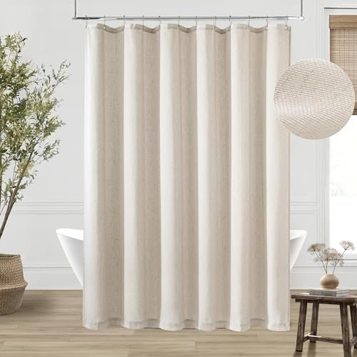 DUKIYO Rideau de douche en lin neutre pour salle de bain avec crochets - Imperméable - Ton terreux simple - Rideau de douche en toile de jute française pour salle de bain - Taupe beige grisâtre - 183