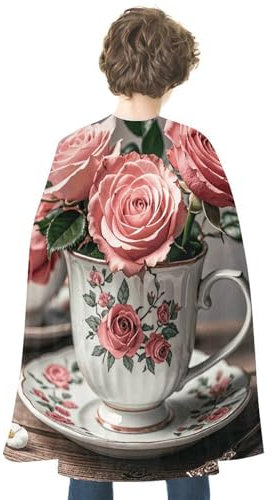 VFKLT Halloween Doppelseitiger Umhang, Teetassen mit Rosen, Romantischer Shabby-Druck, Halloween-Vampirumhang, Party-Kostüme für Männer und Frauen