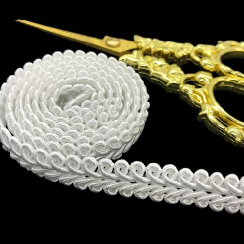 Dekoborte 1cm breit Farbe weiß Spitze Brokat Möbelborte Posamentenborte Franse für Gardinen Möbel Kostüme (2 Meter)