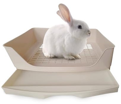Breker Kaninchen Toilette [mit HERRAUSNEHMBARER SCHUBLADE] inkl. Bodenrost - Geeignet als Hasentoilette & Kotwanne - 40cm x 29cm x 16cm - Beige