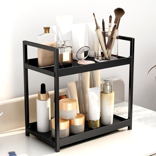 Funtabee 2 Tier Bathroom Organiser and Storage – Perfume, Skincare, and Makeup Organizer for Bathroom Counter, Vanity, and Kitchen Countertop and Condiment Organiser (Black)