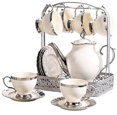 lesulety Set di Tazze di tè Bianco Teiera Tea Pot Set Tazza di caffè Teiere 6 Tazze Set di Tazze di tè Set di tè e Tazza Set di tè per Adulti,Argento
