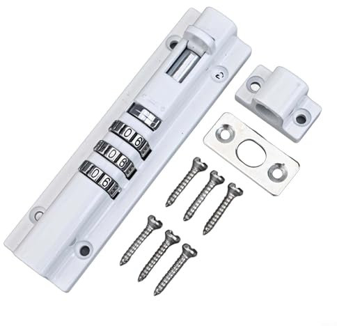 Combination Lock Bolt Door Lock with 6 Pcs Fixing Screws Combination Bolt Lock for Garden Garage Doors Weather-Proof Combination Locking Bolt (White)