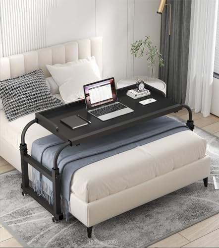 OverBed Table with Wheels Mobile King Queen Laptop Long adjustable Height With Wheels Food Tray Desk Overbed Bedside Table With Rolling Wheels(black)