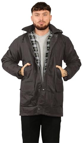janisramone® Veste cirée rembourrée en coton avec capuche pour homme - Veste de pluie imperméable pour la randonnée, la chasse, la pêche - Pour homme - Vêtement de sport décontracté