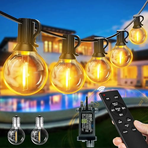 Ollny Festoon Lights Outdoor Garden 30m, String Lights Mains Powered, 50+2 G40 Shatterproof Bulbs, Waterproof Fairy Lights with RF Remote/Timer/3 Modes for Outside Wedding Party Patio Decorations