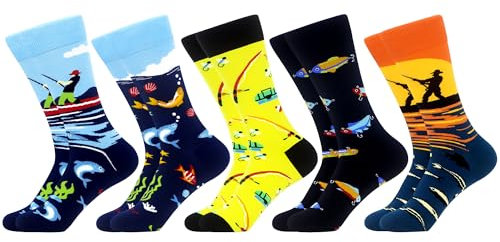 WeciBor Herren Lustige Bunte Socken, 5 Paar Mehrfarbig Angeln, Größe 43-46