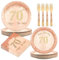 BOKFJBP 96Pcs 70th Rose Gold Birthday Decorations- Party Tableware Set Disposable Paper Plates Napkins Bamboo Forks Vintage 1955 Party Decorations for Ladies Women Girl Serves 24