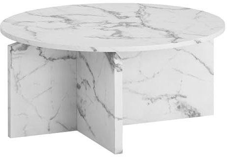 Wohnling Couchtisch 70x70x33 cm Weiß Sofatisch in Marmor-Optik Modern, Design Wohnzimmertisch Rund, Loungetisch Groß, Kaffeetisch Beistelltisch