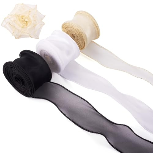 Spritewelry Cinta de organza transparente brillante de gasa iridiscente con alambre para ramos, guirnaldas, lazos, decoración de boda, envoltura de regalos, manualidades para el cabello