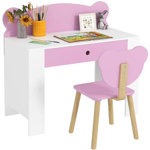 AIYAPLAY Set Scrivania per Bambini con Sedia, Tavolo da Studio con Cassetto, Schienale a Forma di Orsetto, Età 3-8 Anni, Rosa